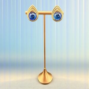 1980s SWAROVSKI CRYSTAL Blue Cabochon Teardrop Clip On EARRINGS Gold Tone